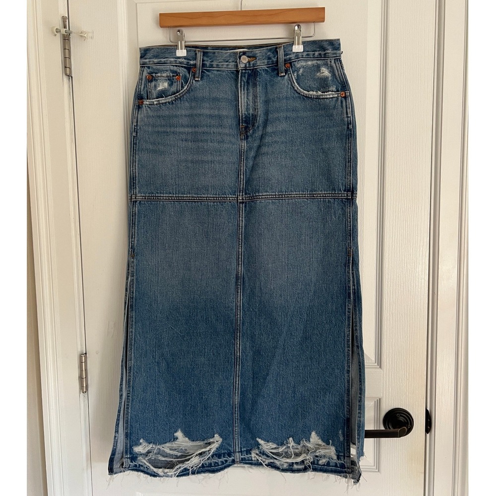 Re/Done NWT Mid Rise Split Skirt Blue Minerva Destroy Denim Y2K Boho Western 28
